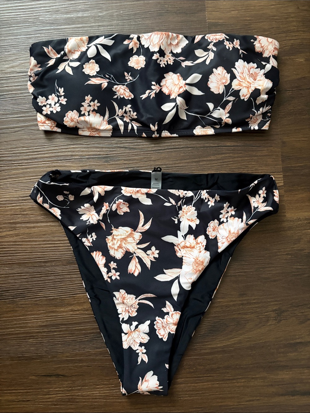 Floral Bandeau High Leg High Waisted Bikini Set in Black with Peach Blooms